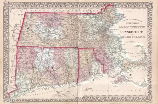 1874 Mitchell Atlas Map Of Massachusetts, Connecticut, Rhode Island-Hand Colored