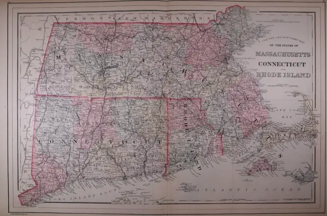 1887 Map MASSACHUSETTS, CONNECTICUT RI ~ Authentic Mitchell / BRADLEY Map #034