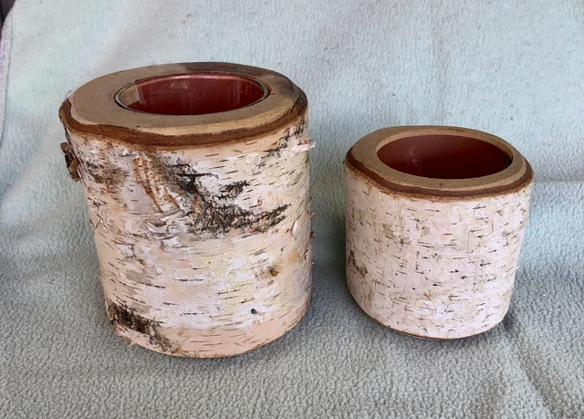 Set 2 White Birch Tree Log Candle Holders Rustic Wedding Decor Large Holiday