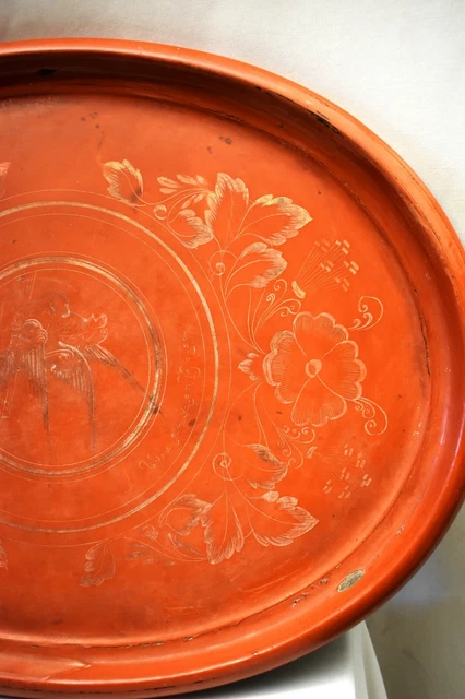 Ancien Rouge Birman Laqué Plateau Plaque Floral Perroquet Ovale Forme 4