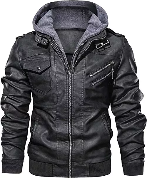 Men's Real Leather Jacket Distressed Motorcycle Biker Jacket with Removable Hood