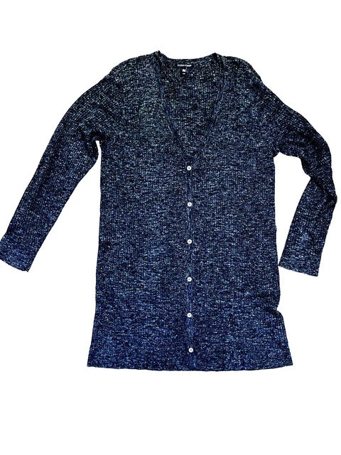 Eileen Fisher  Sweater Tunic Cardigan Black 3/4 Sleeve Linen Wool Knit Sz L