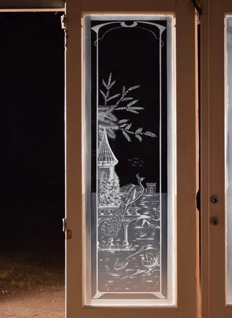 *Pair of Antique French Etched Glass Doors Frosted Glass w/Peacocks Salvage 2