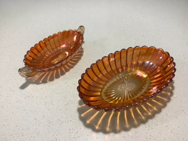 Two Vintage Marigold Carnival Glass Rib Design Bowls