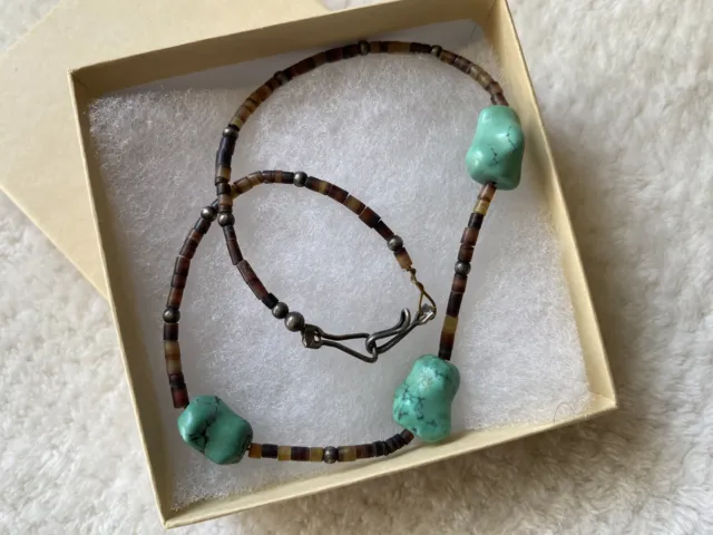 Vintage Old Pawn Turquoise Nugget & Brown Heishi Bead Necklace - Zuni Jewelry