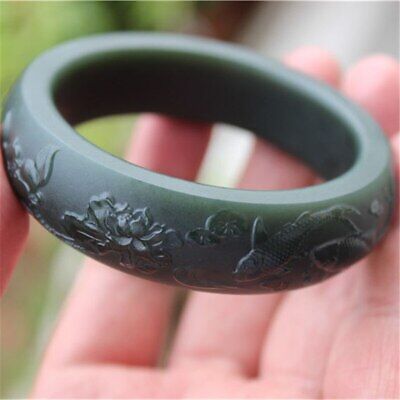 Natural Green Jade Bangle Hand Carved Lotus Fish Exquisite Nephrite Jades Bangle