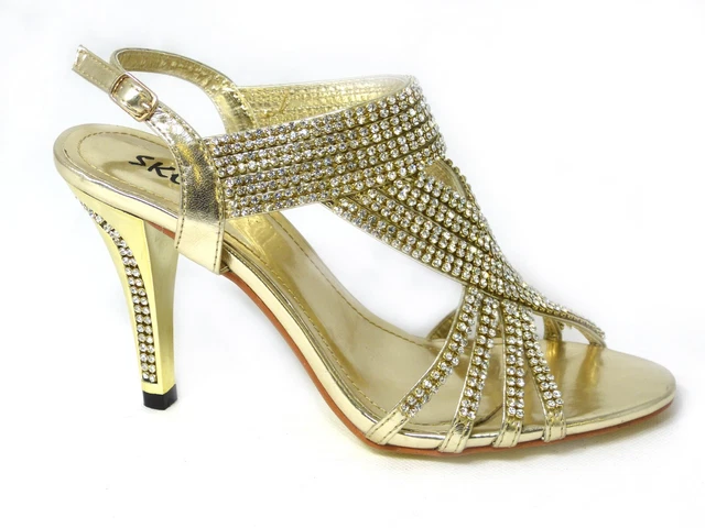WOMENS LADIES DIAMANTE High Heel Prom Shoes Wedding Bridal Evening