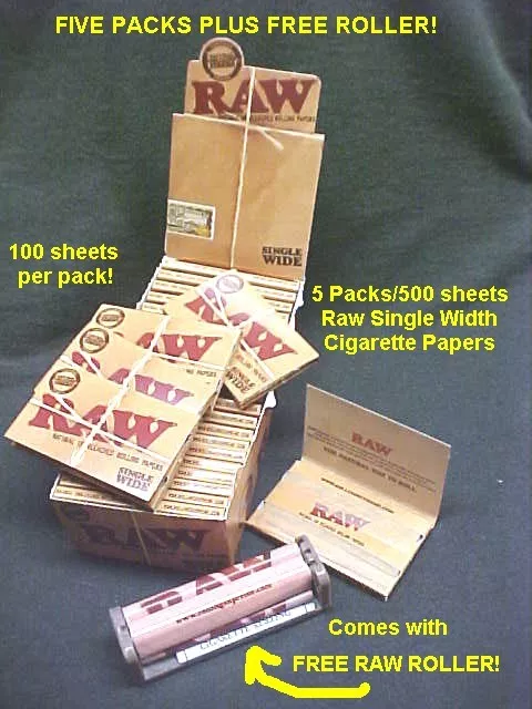 5 packs RAW Classic SINGLE WIDTH Rolling Papers with FREE Hemp Plastic ROLLER