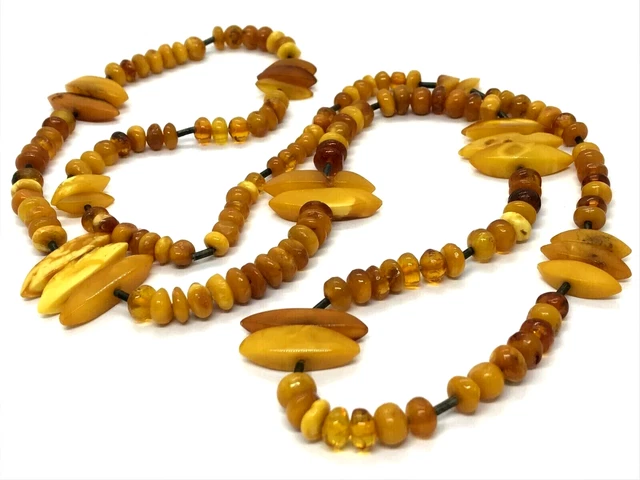 Collier Ancien En Ambre Baltique - Perles Facettées - 84 Cm, 120 G - Fait Main
