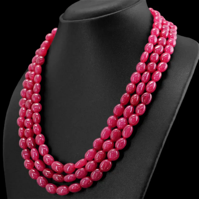 604.50 Cts Earth Mined Red Ruby 3 Line Oval Shape Beads Hand Made Necklace (Rs)