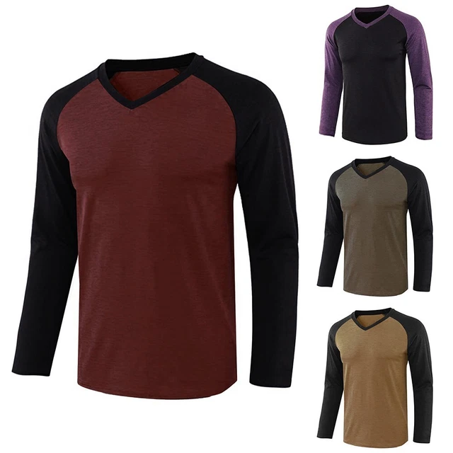 Uomo Top da Uomo Raglan T-Shirt Top Scollo A V Baseball Basic Cotone Lungo