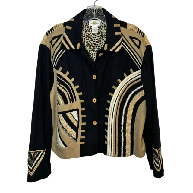 SANDY STARKMAN Embellished Jacket Blazer Size Medium Black Crochet Details