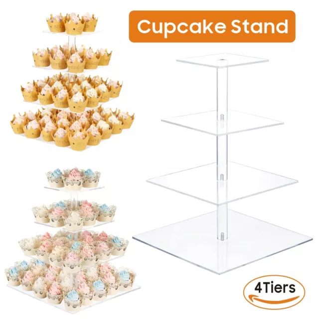 4 Tier Square Cup Cake Stand Wedding Birthday Party Acrylic Cupcake Display Xmas