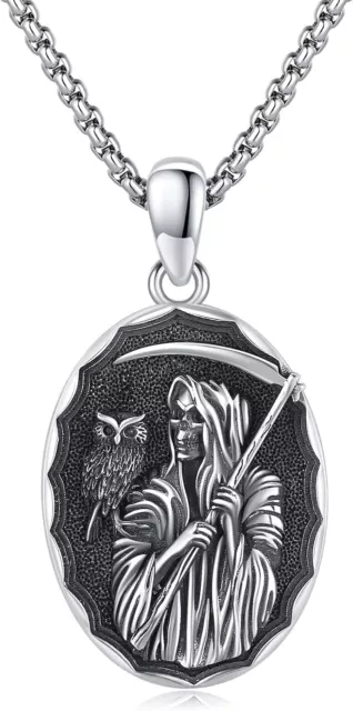 925 Sterling Silver Mens Santa Muerte Grim Reaper Holy Death Pendant Necklace