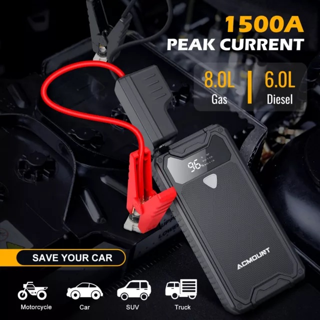 Car Jump Starter 1500A Peak 14000mAh 12V Lithium Battery Booster Pack Power Bank 3