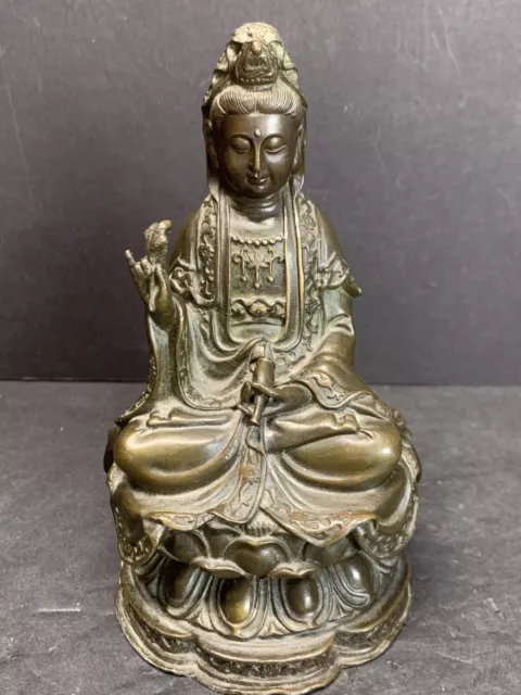 Antique 19th C. Chinese Brass Bronze Kwan yin Bodhisattva statue 6.5" Tall 2 lbs