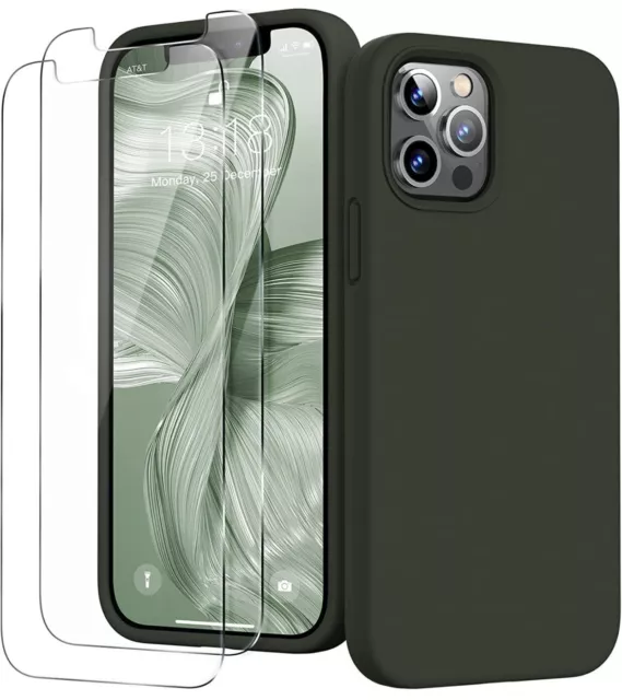 iPhone 12/12 Pro Liquid Silicone Case with 2 Screen Protector(Army Green)