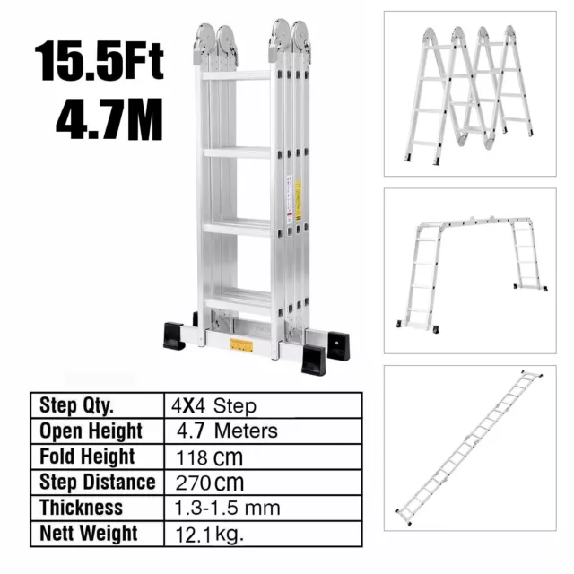 4.7M Portable Multi-Purpose Aluminium Telescopic Folding Ladder Extendable EN131 3