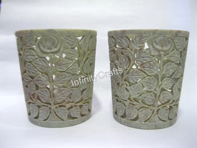 15.2cm Set Di 2 Pezzi Sapone Pietra Vaso Fiori Mano Intaglio Lavoro Arredo Casa