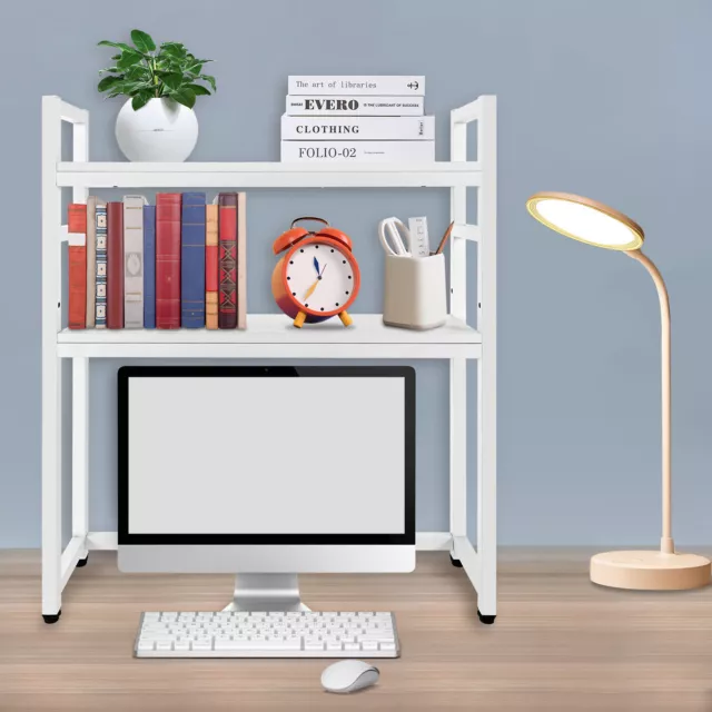 White Computer Desktop Bookcase 2 Tiers Hutch Display Shelf for Home Office