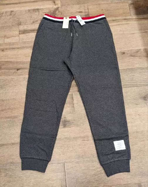 $890 Mens THOM BROWNE Striped Trim Drawstring Jogger Pants Dark Gray 4 (XL)