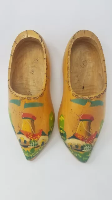 Vintage Hand Carved Wooden Shoes Dutch Holland Wood Clogs Decorative Windmills