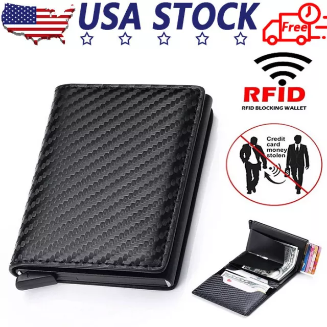 RFID Blocking Leather Carbon Fiber Mens Wallet Purse Slim ID Credit Card Holder