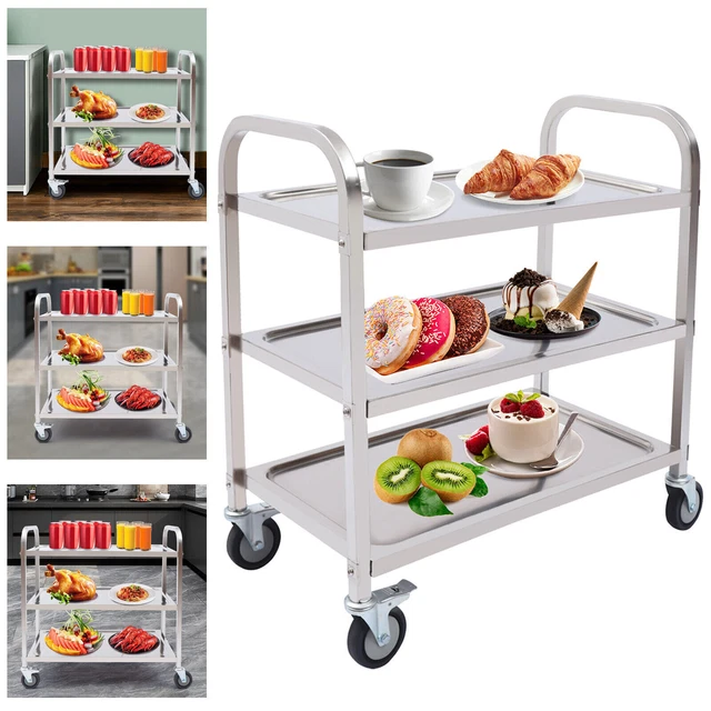 Carro de servicio de acero inoxidable carro de té carro de cocina Gastro 3 bordes 4 ruedas carro con ruedas