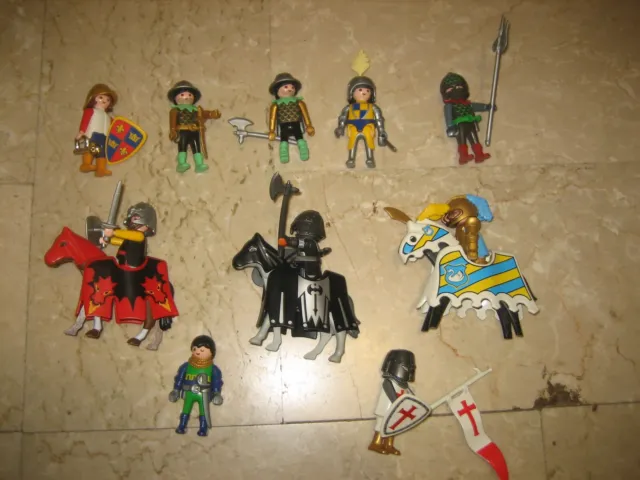 Lot Playmobil 10 Personnages Figurines Chevaliers Templiers Armes 3 Chevaux Acce