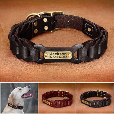 Genuine Leather Braided Dog Collar with Custom Name Plate Heavy Duty Buckle L-XL