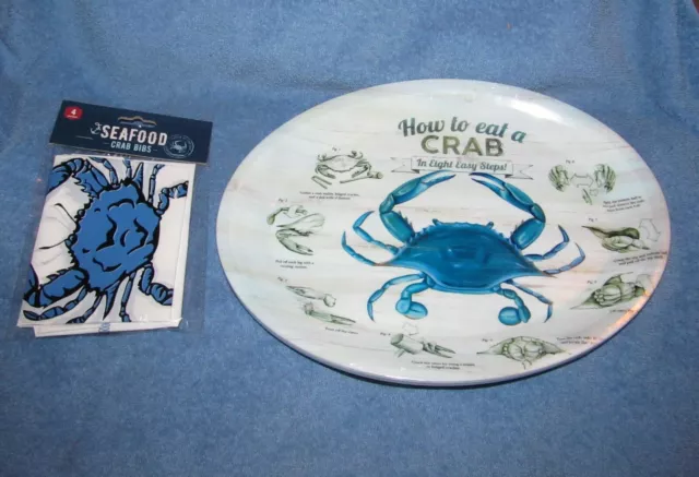 How To Eat a Crab Melamine Serving Oval Plates Set of 4 New Dishes & 4 Bibs**