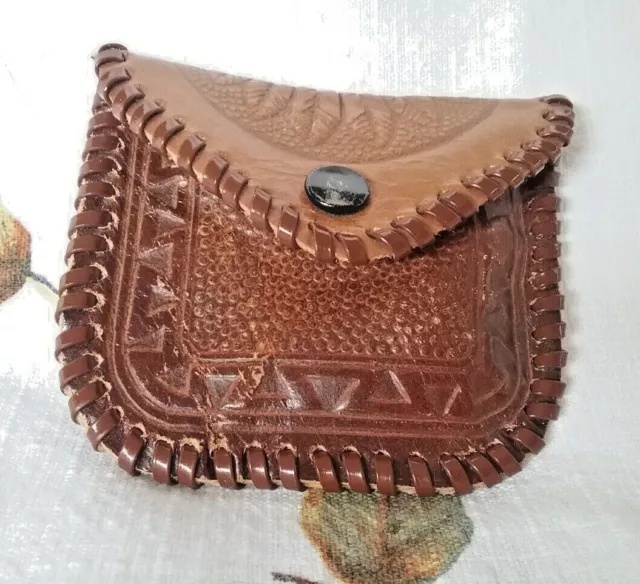 Vintage Small Hand Tooled Embossed Leather Coin Change Purse Pouch