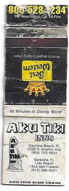 Tiki God Tropical Matchbook Aku Tiki Inns Daytona Beach, FL Sarasota, FL