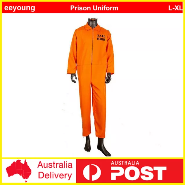 Mens Orange Prison Uniform Cosplay Jail Offender Halloween Fancy Dress Costume