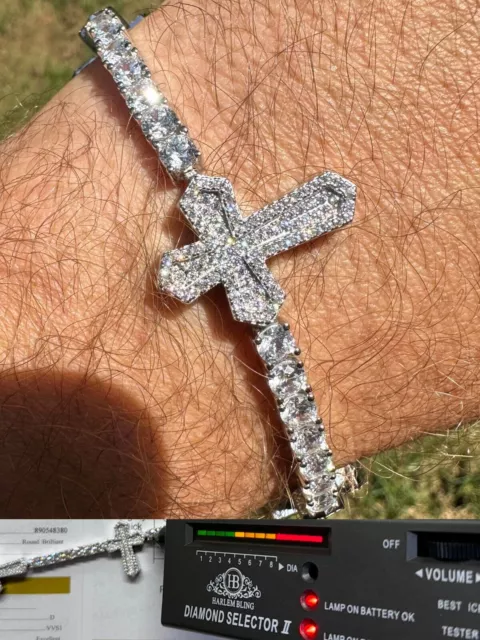 Moissanite Iced Cross Shape Tennis Bracelet Mens Ladies Hip Hop Real 925 Silver