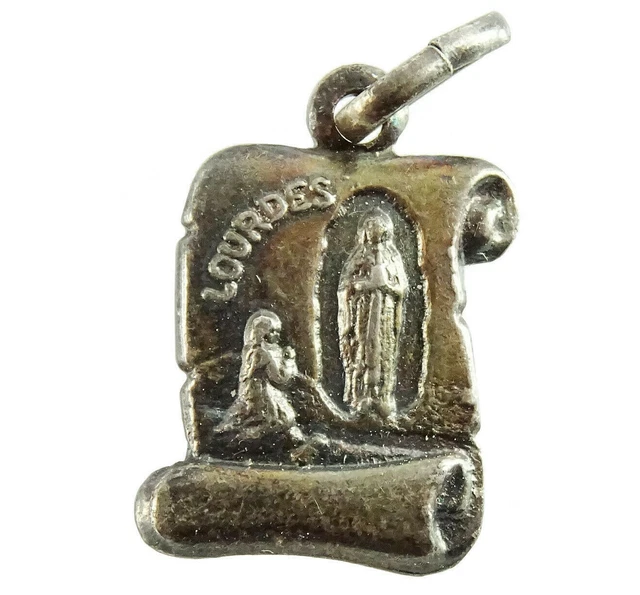 OUR LADY NOTRE Dame de Lourdes Scroll Vintage Medal Pendant Charm ...