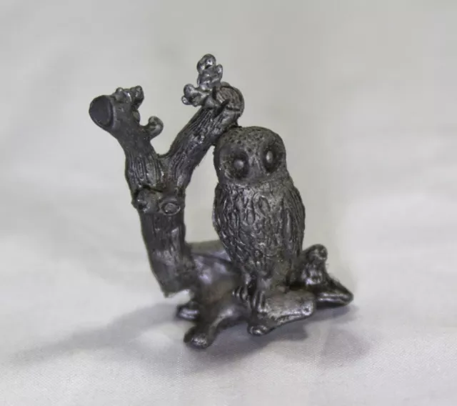 Vintage Pewter Owl Branch Tree Miniature Figurine