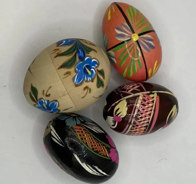 Lot 4 Folk Art Hand Painted Wooden Easter Eggs Flower Ukrainian Poland Russian?