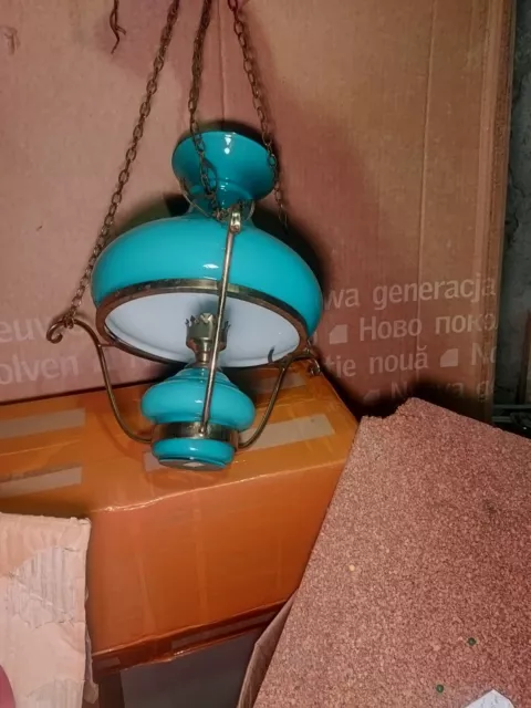 lustre suspension vintage Opaline et laiton bleue