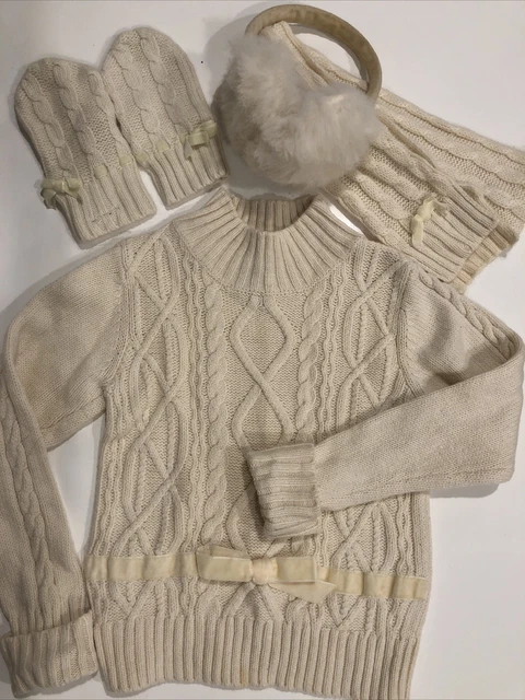 Girls Oshkosh Ivory Set- Sweater Size 6 Mittens, Scarf And Earmuffs