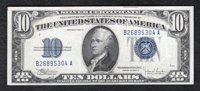 1934-C $10 Ten Dollars Silver Certificate Currency Note Extremely Fine