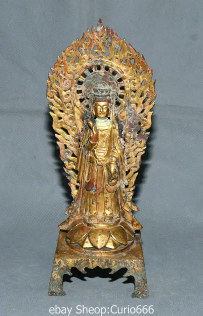 11.4'' Old Dynasty Bronze Ware Gold Lotus Kwan-yin Guan Yin Boddhisattva Statue