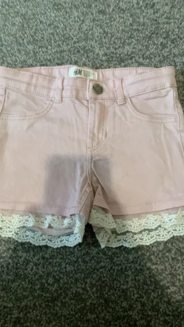 Pantaloncini denim rosa da bambina H&M età 6-7 anni con finiture in pizzo crema spiaggia sole estivo