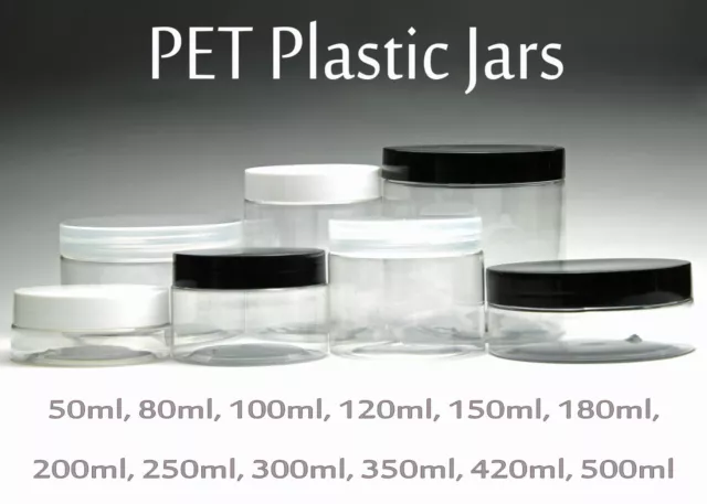 Empty PET Jars - Clear Jars and White Black Clear Plastic Screw Lids 50ml-500ml