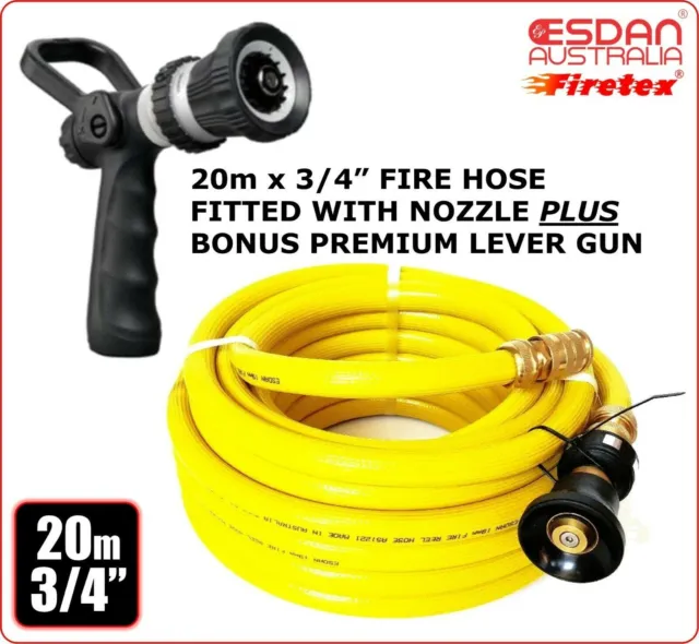 FIRE FIGHTING YELLOW HOSE 20mm 3/4" 20m COIL FITTED BRASS NOZZLE BONUS LEVER GUN
