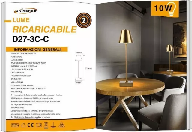 LAMPADA DA TAVOLO LED RICARICABILE ORO NERA BIANCA 4000k 6400k 3000 TIPO POLDINA 3