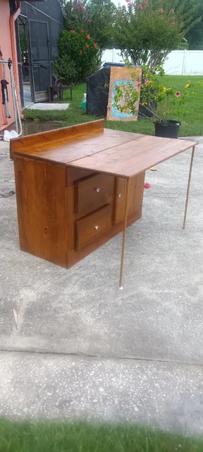 Antique Sewing Tailoring Desk Table w Fold-out Extension & Spool Holders