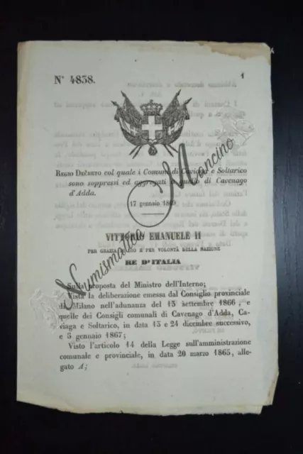 Regio Decreto VEII Caviaga e Soltarico soppressi e uniti a Cavenago d'Adda 1869
