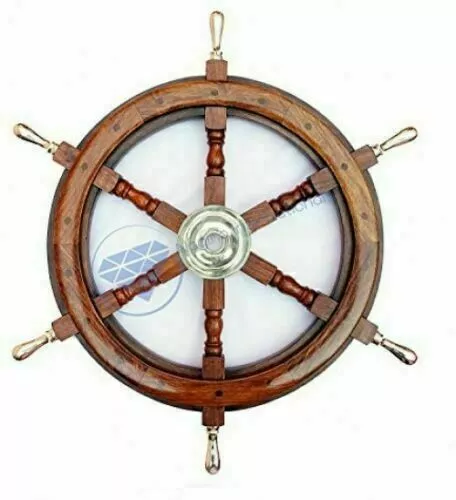 Nautical Brass Handle Ship Wheel Wall Hanging Decor Maritime Wooden Ship Wheel