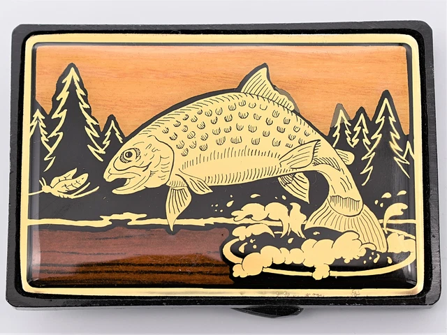 Jumping Trout Fish Fishing Solid Brass Faux Wood 1980s Vintage Belt Buckle